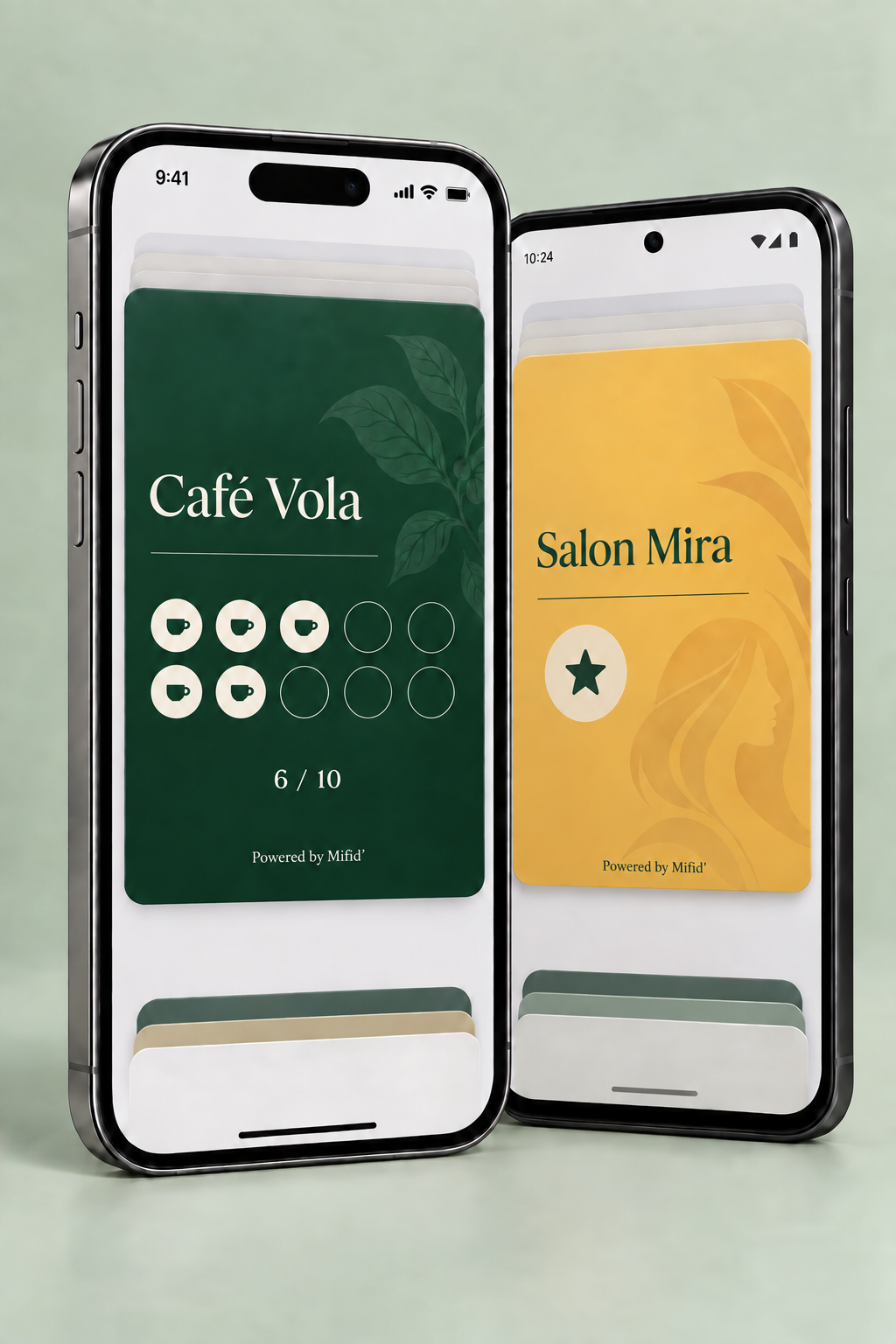 Deux téléphones montrant des cartes de fidélité Café Vola et Salon Mira dans leur Wallet