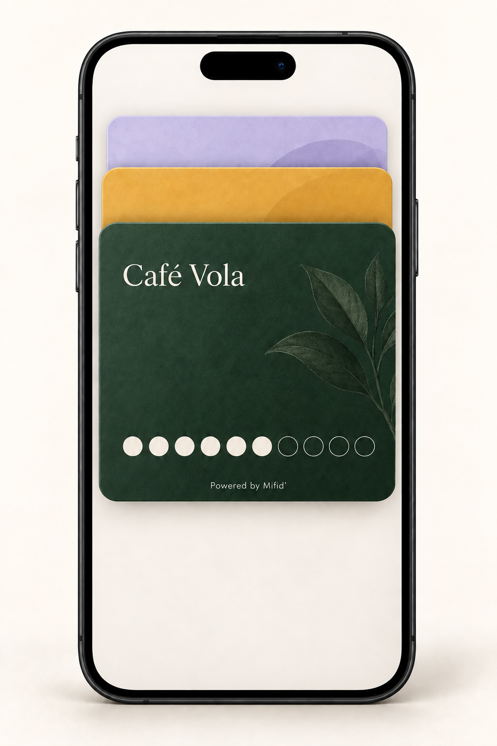 Téléphone montrant plusieurs cartes de fidélité réunies dans un Wallet, dont la carte Café Vola